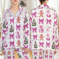 Gingerbread Santa Pajamas, Pink Christmas Satin Pajama Set, Long Sleeve Button Up Sleepwear, Festive Holiday Lounge Set, Xmas Present for Her