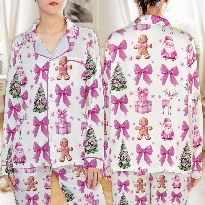Gingerbread Santa Pajamas, Pink Christmas Satin Pajama Set, Long Sleeve Button Up Sleepwear, Festive Holiday Lounge Set, Xmas Present for Her
