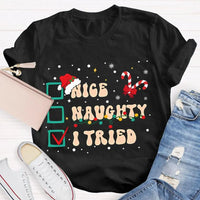 Humorous Family Christmas Holiday Shirt, Nice Naughty List Santa Hat Candy Cane T-Shirt, Christmas List Humor Tee, Adorable Christmas T-Shirt