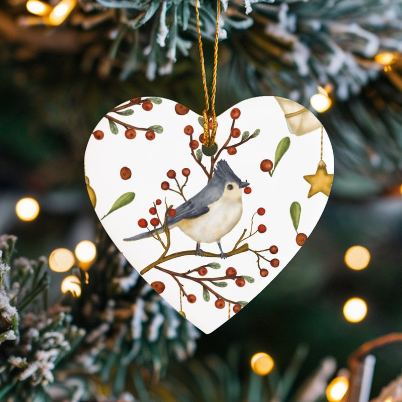 Winter Berries Ceramic Ornament, Watercolor Titmouse Bird Heart Ornament, Nature Lover Christmas Tree Ornament, Holiday Keepsake Present