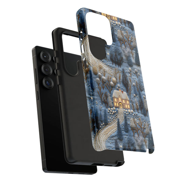 Forest Cabin Relief Art Galaxy Phone Case, Snowy Winter Cottage Phone Case Samsung Galaxy, Comfy Holiday Christmas Tough Phon