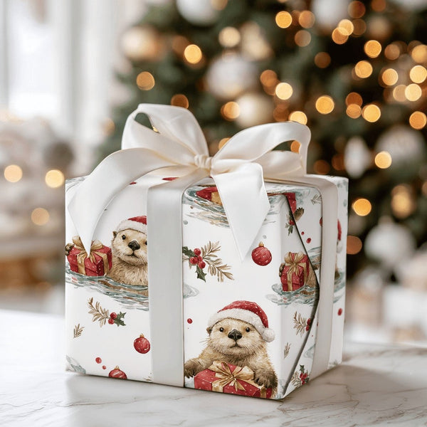 Santa Hat Sea Otter Gift Wrap, Christmas Otter Wrapping Paper, Adorable Animal Holiday Wrapping Paper, Watercolor Winter Pres