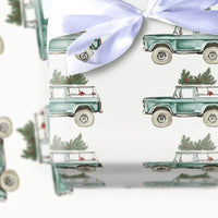 Christmas Tree Truck Gift Wrap, Vintage Teal SUV Wrapping Paper, Watercolor Bronco Holiday Wrapping Paper, Retro Winter Car Gift Wrap Roll