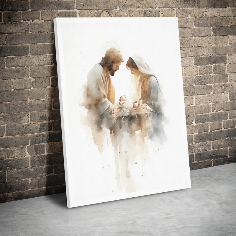Holy Family Religious Wall Art, Watercolor Nativity Scene Canvas, Christian Christmas Home Decor Print, Jesus Manger Holiday Canvas Decor