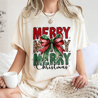 Coquette Bow Leopard Print Shirt, Merry Christmas T-Shirt, Trendy Holiday Graphic Tee, Preppy Christmas Tee, Adorable Xmas Present for Women