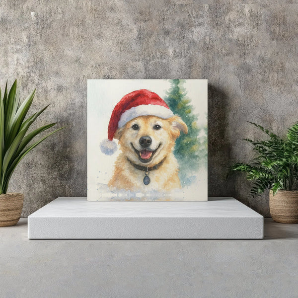 Santa Hat Dog Canvas Print, Golden Retriever Christmas Canvas, Watercolor Winter Dog Canvas Wall Art, Holiday Pet Lover Room 