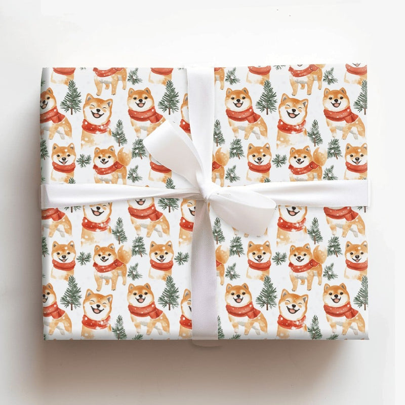 Red Scarf Dog Gift Wrap Paper, Shiba Inu Christmas Wrapping Paper, Winter Pine Tree Present Paper, Adorable Pet Lover Holiday Wrapping Paper