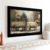 Sheep Winter Cart Canvas Print, Farmhouse Christmas Canvas Wall Art, Rustic Holiday Farm Canvas Painting, Comfy Seasonal Home Decor Present