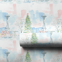 Watercolor Space Needle Gift Wrap, Seattle Christmas Wrapping Paper, Pacific Northwest Skyline Wrapping Paper, Festive Holiday Gift Wrap
