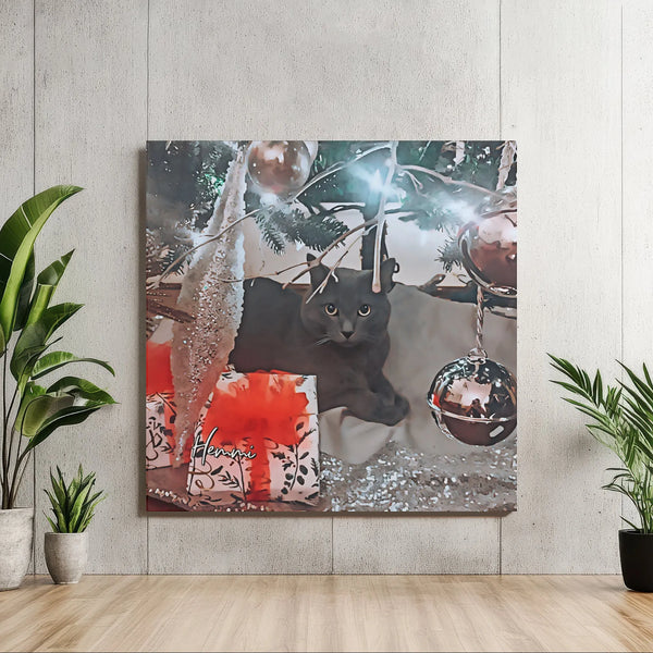 Gray Cat Under Tree Canvas Print, Christmas Cat Square Canvas, Watercolor Holiday Kitten Canvas Wall Art, Comfy Cat Lover Hom