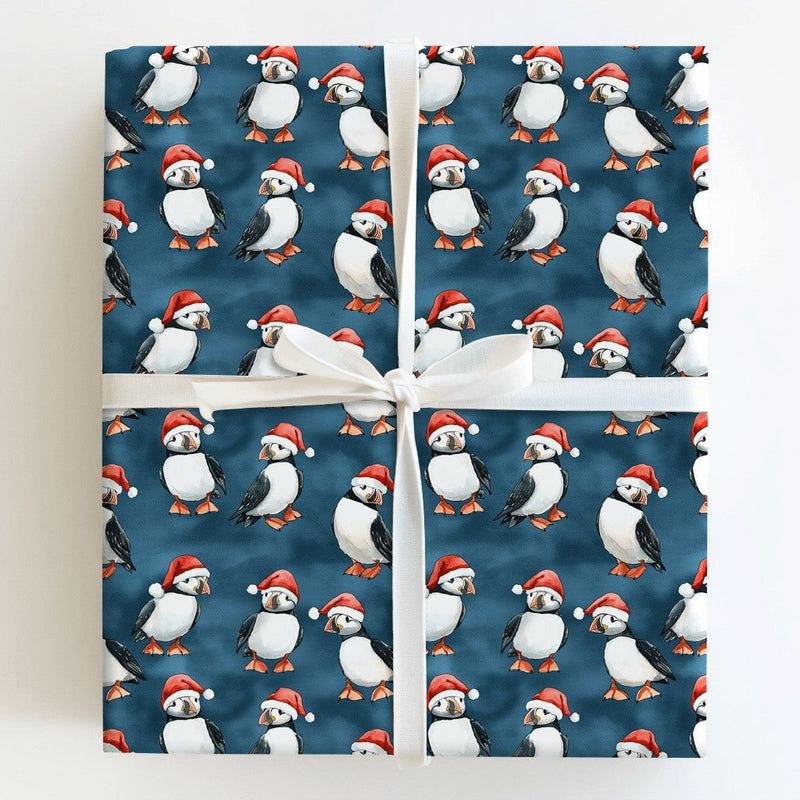 Adorable Santa Hat Bird Gift Wrap, Christmas Puffin Wrapping Paper, Teal Winter Holiday Wrapping Paper, Coastal Nature Lover Holiday Gift Wrap