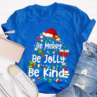 Santa Hat Fairy Lights Graphic Tee, Be Merry Be Jolly Be Kind Christmas T-Shirt, Holiday Family Shirt, Xmas Party Top