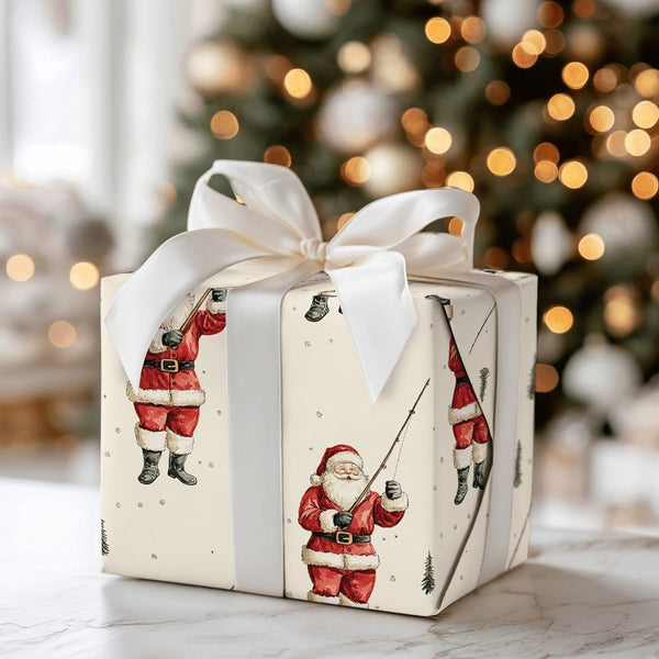 Fisherman Christmas Gift Wrap, Fishing Santa Wrapping Paper, Pine Tree Holiday Wrapping Paper, Outdoor Santa Present Wrap Rol