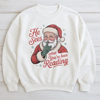 Humorous Bookish Santa Crewneck, He Sees What You've Been Reading Sweatshirt, Smut Reader Christmas Sweater, Booktok Romantasy Present