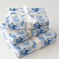 Vintage Christmas Gift Wrap, Blue and White Santa Toile Wrapping Paper, French Toile Holiday Wrapping Paper, Winter Forest Gift Wrap Roll