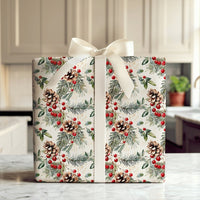 Rustic Winter Berry Gift Wrap, Watercolor Pinecone Christmas Wrapping Paper, Holiday Botanical Wrapping Paper, Xmas Gift Wrap Roll