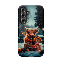 Festive Winter Lights Samsung Galaxy Case, Christmas Highland Cow Phone Case, Dual Layer Polycarbonate Tough Cover, Holiday Present