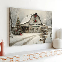 Snowy Barn Winter Canvas, Personalized Family Christmas Canvas, Holiday Barn Landscape Canvas, Custom Winter Decor, Christmas Wall Art