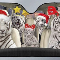 Holiday Animal Windshield Cover, White Tiger Christmas Car Sunshade, Adorable Winter Sun Visor Shield, Christmas Tiger Car Sun Shade Xmas Present