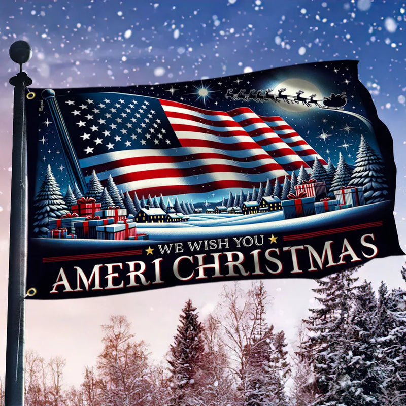 Winter Santa Sleigh Garden Flag, American Flag Christmas House Flag, Patriotic Holiday Yard Flag, Double Sided Xmas Lawn Banner Present