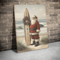 Tropical Christmas Canvas, Beach Santa Canvas Print, Coastal Holiday Wall Art, Beach Surfboard Canvas Decor, Ocean Lover Christmas Present