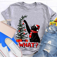 Humorous Holiday Cat Chaos Shirt, Black Cat Pushing Christmas Tree T-Shirt, Adorable Festive Kitty Graphic Tee, Cat Lover Christmas Present