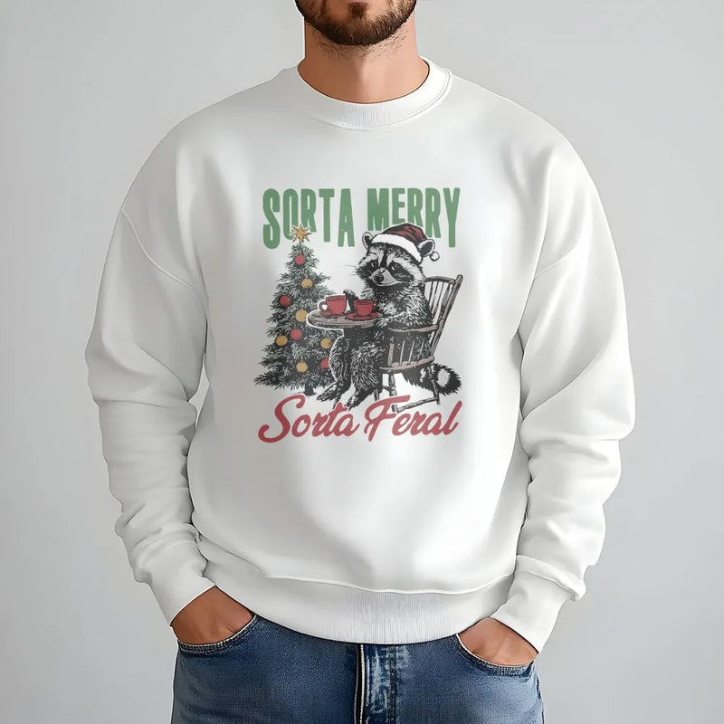 Humorous Christmas Animal Sweatshirt, Sorta Merry Sorta Feral Raccoon Sweatshirt, Sarcastic Holiday Crewneck, Winter Trash Panda Sweater