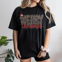 Leopard Print Santa Hat Shirt, Merry Christmas T-Shirt, Adorable Holiday Graphic Tee, Festive Winter Apparel, Christmas Present for Her