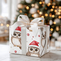 Santa Hat Animal Gift Wrap, Christmas Owl Wrapping Paper, Adorable Watercolor Bird Present Paper, Whimsical Holiday Gift Wrapping Paper
