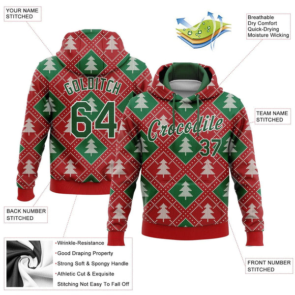 Personalized Name Number Ugly Christmas Sweatshirt, Custom 3D Christmas Tree Argyle Hoodie, Holiday Sports Pullover Hoodie