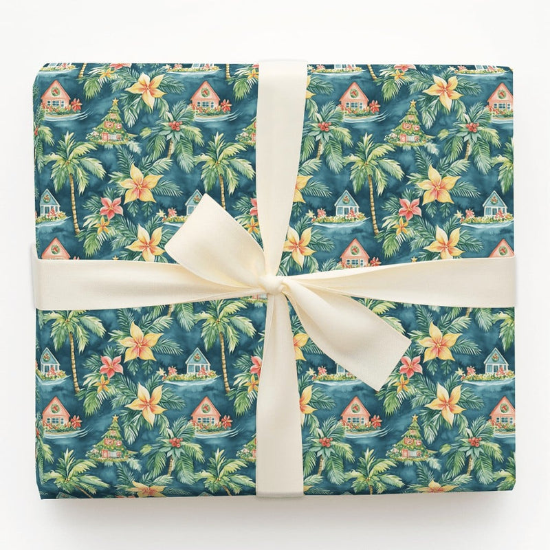 Coastal House Gift Wrap, Tropical Christmas Wrapping Paper, Teal Palm Tree Gift Wrapping Paper, Beach House Present Wrap, Xmas Gift Wrap