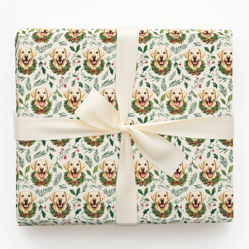 Christmas Wreath Dog Gift Wrap, Yellow Labrador Wrapping Paper, Holiday Holly Dog Wrapping Paper, Festive Pet Lover Gift Wrapping Paper
