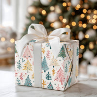 Whimsical Holiday Forest Gift Wrap, Pastel Christmas Tree Wrapping Paper, Watercolor Pine Wrapping Paper, Adorable Winter Present Paper Roll