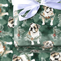 Festive Green Dog Christmas Gift Wrap, English Bulldog Pine Wreath Wrapping Paper, Watercolor Bulldog Holiday Wrapping Paper, Pet Lover Wrap