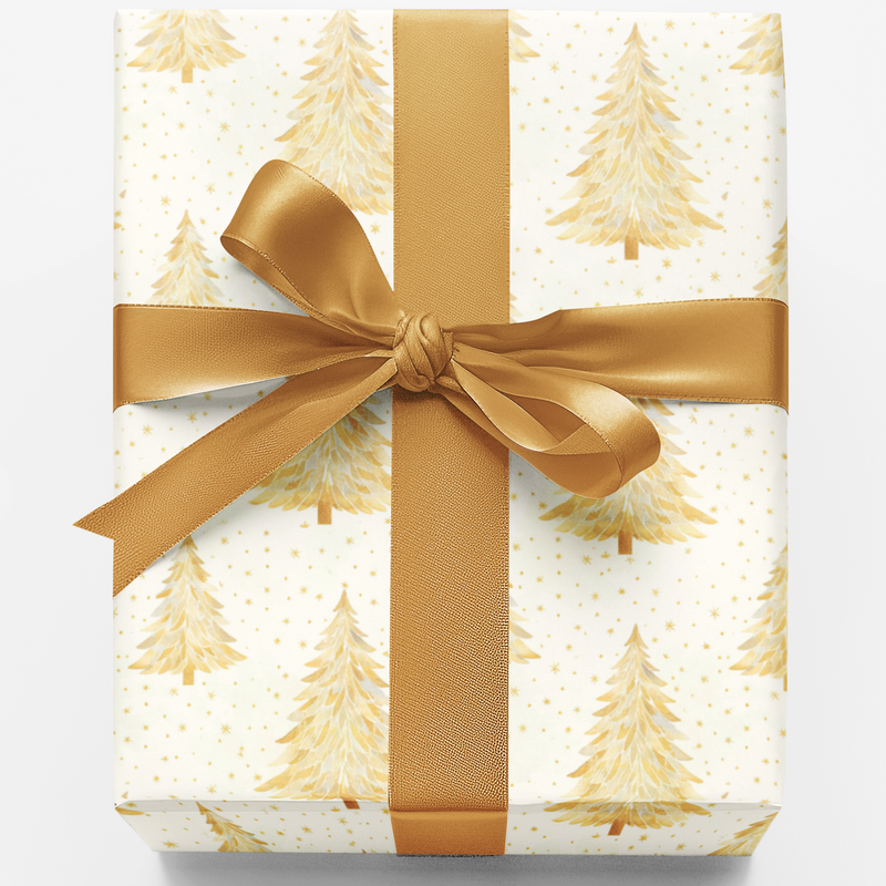 Twinkle Pines Holiday Gift Wrap, Golden Pine Tree Christmas Wrapping Paper, Winter Fir Tree Present Wrap, Elegant Xmas Gift Wrap Roll