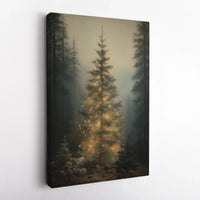 Glowing Pine Woodland Painting Print, Christmas Tree Forest Canvas Wall Art, Misty Forest Poster, Holiday Digital Download Decor