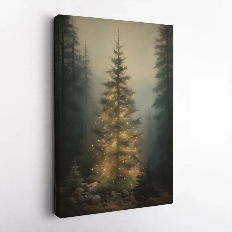Glowing Pine Woodland Painting Print, Christmas Tree Forest Canvas Wall Art, Misty Forest Poster, Holiday Digital Download Decor