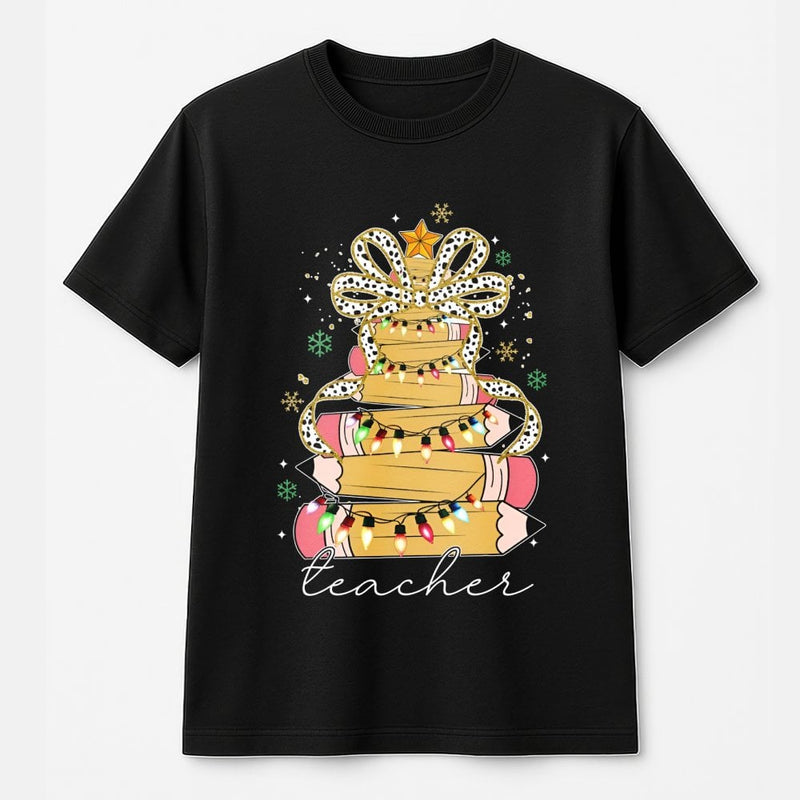 Adorable Educator Holiday Tee, Pencil Tree Bow Teacher Christmas Shirt, Festive School Christmas T-Shirt, Winter Graphic Shirt, Teacher Present