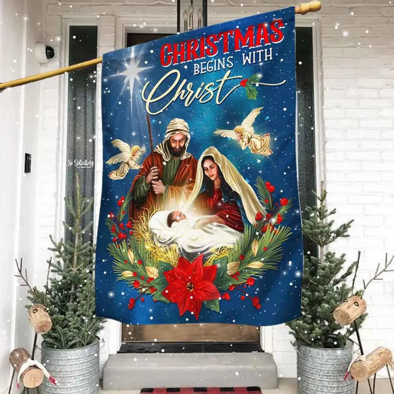 Nativity Scene Religious Yard Flag, Christmas Begins with Christ Holy Family Garden Flag, Double Sided Holiday Lawn Flag, Faith Xmas Decor