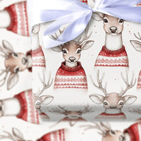 Watercolor Reindeer Christmas Wrapping Paper, Nordic Sweater Deer Wrapping Paper, Adorable Animal Holiday Gift Wrap, Winter Xmas Wrapping Paper