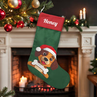 Adorable Puppy with Bone Holiday Stocking, Dog Santa Hat Christmas Stocking, Personalized Pet Xmas Stocking, Custom Dog Name Mantle Decor Present