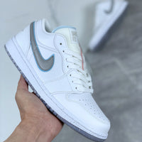 Low Top Sneakers, White Silver Colorway, Reflective Detail, Lace Up Design, Casual Gift for Sneaker Fans
