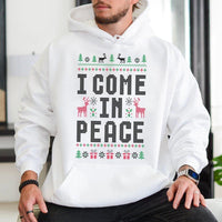 Humorous Holiday Pullover, I Come in Peace Ugly Christmas Hoodie, Alien Christmas Sweatshirt, Retro Xmas Hooded Sweater, Matching Couples Present