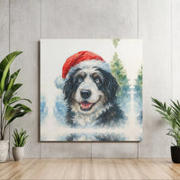 Christmas Puppy Watercolor Print, Santa Hat Dog Canvas Wall Art, Snowy Pine Forest Canvas, Festive Holiday Square Canvas Decor