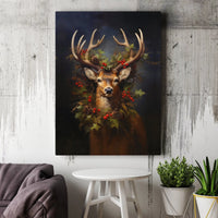 Christmas Deer Canvas Print, Majestic Stag Holly Wreath Canvas Art, Rustic Woodland Canvas Wall Decor, Holiday Cabin Decor, Lodge Present
