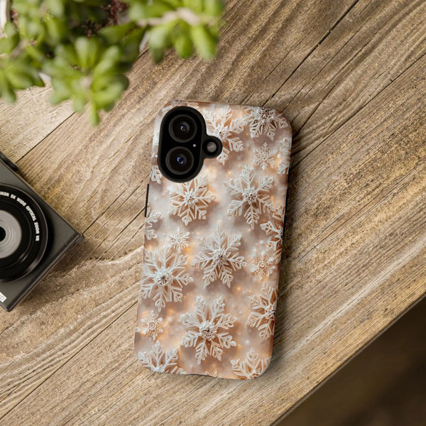 Golden Bokeh Winter Pattern Phone Case, White Snowflake iPhone Case, Festive Christmas Holiday Phone Cover, Comfy Snow Tough 