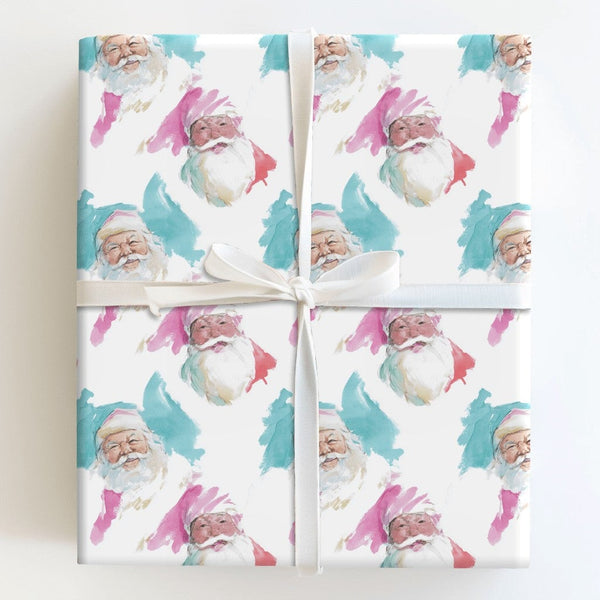 Pink and Teal Christmas Wrapping Paper, Watercolor Santa Wrapping Paper, Modern Santa Holiday Wrapping Paper Roll, Festive Pr
