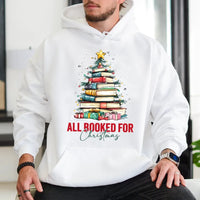 Festive Book Tree Graphic Sweatshirt, All Booked for Christmas Hoodie, Adorable Bookish Holiday Pullover, Librarian Christmas Hoodie