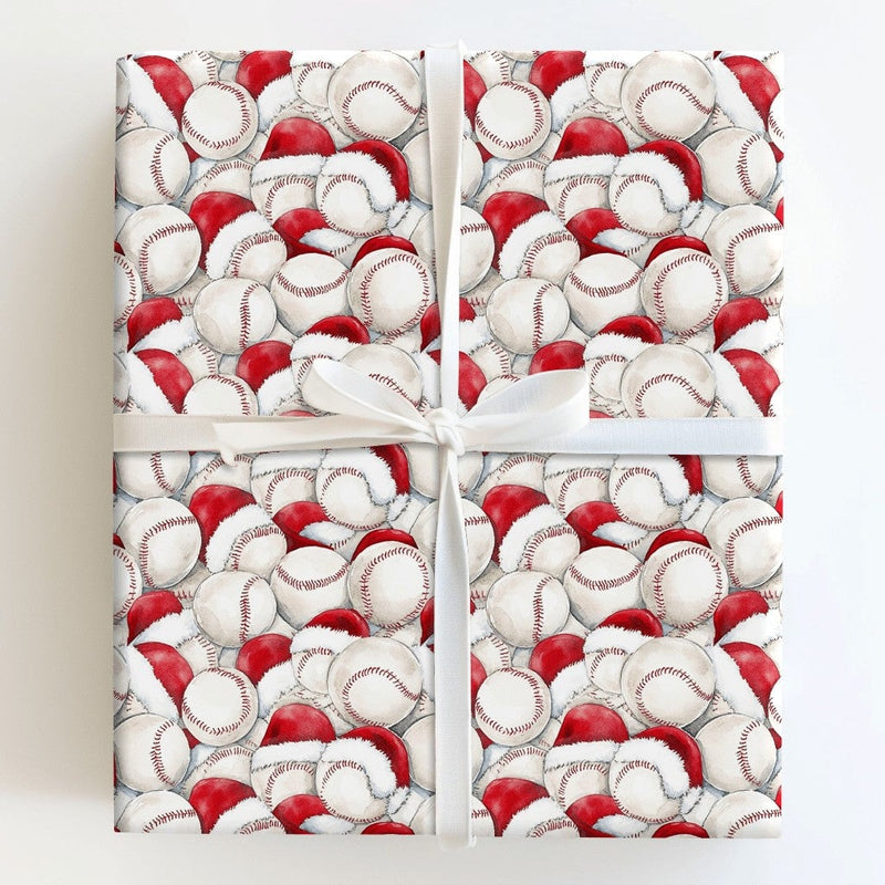 Sports Holiday Gift Wrap, Baseball Santa Hat Christmas Wrapping Paper, Watercolor Baseball Wrapping Paper, Festive Player Wrapping Paper