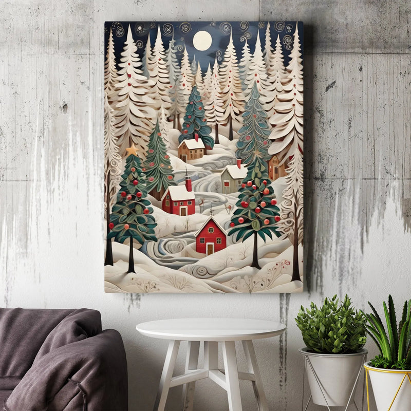 Winter Forest Landscape Wall Art, Snowy Christmas Village Canvas Print, Comfy Holiday Scene Canvas, Seasonal Home Decor, Winter Present